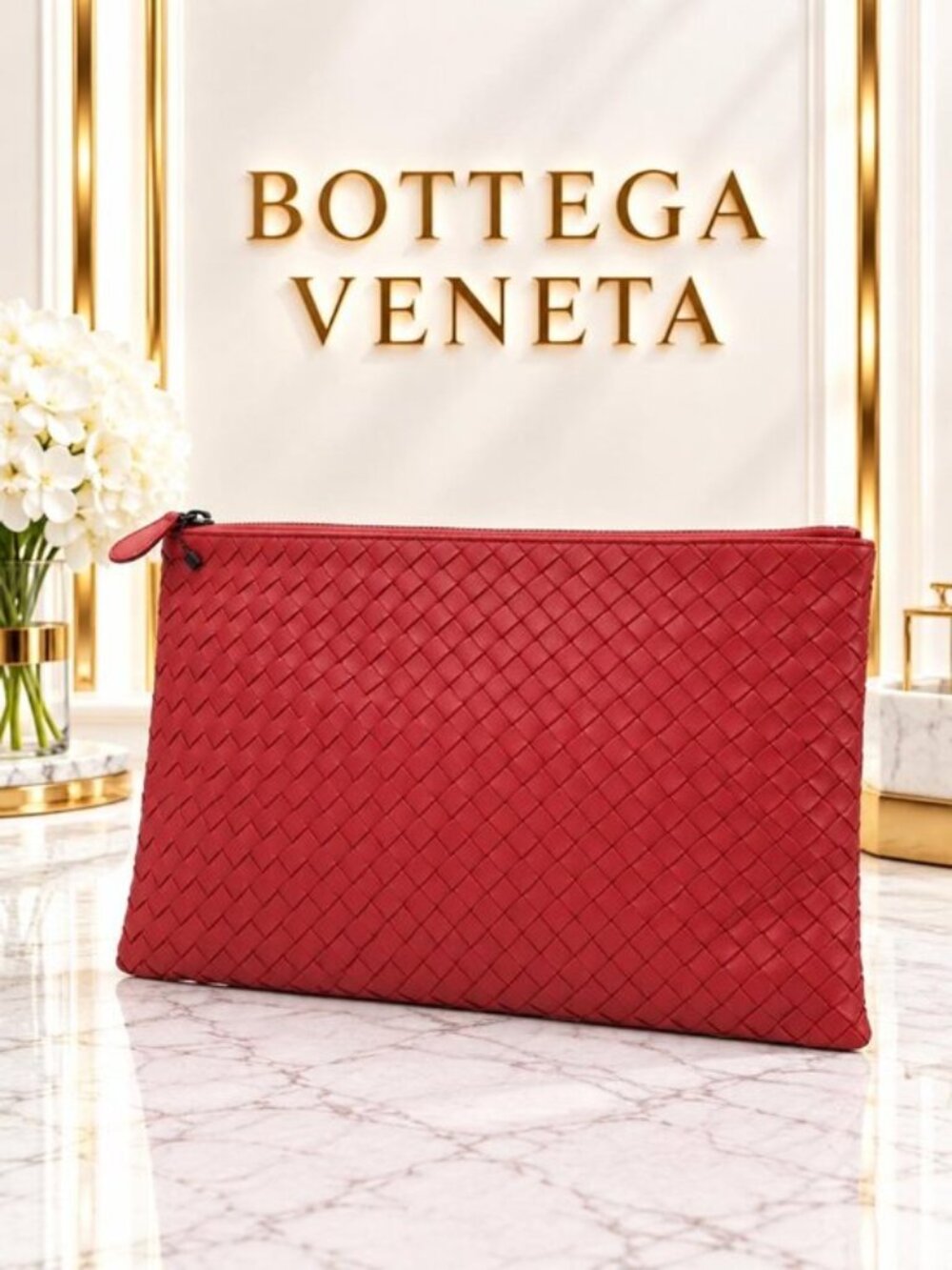 Authentic Bottega Veneta Intrecciato Red Leather Large Zip Pouch Clutch Luxury